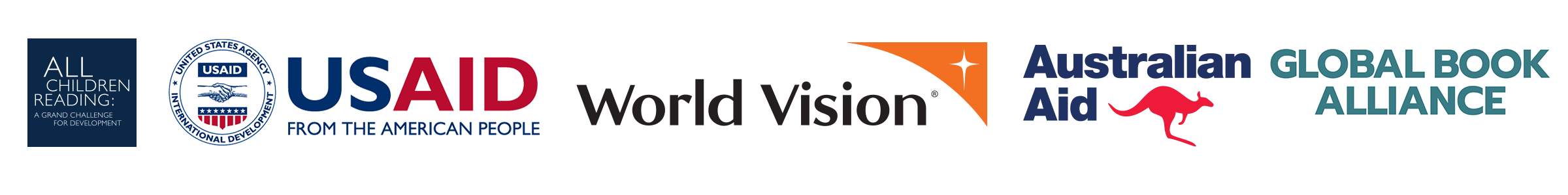 Reading for All Children Project consortium logo with World Education, All Children Reading, USAID, World Vision, Australian Aid, and Global Book Alliance